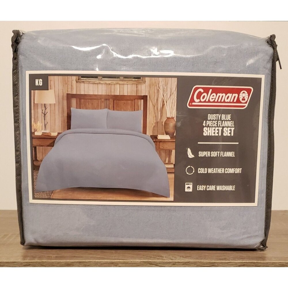 Coleman Flannel Sheet 4 Piece Set Size King Dusty Blue NWT